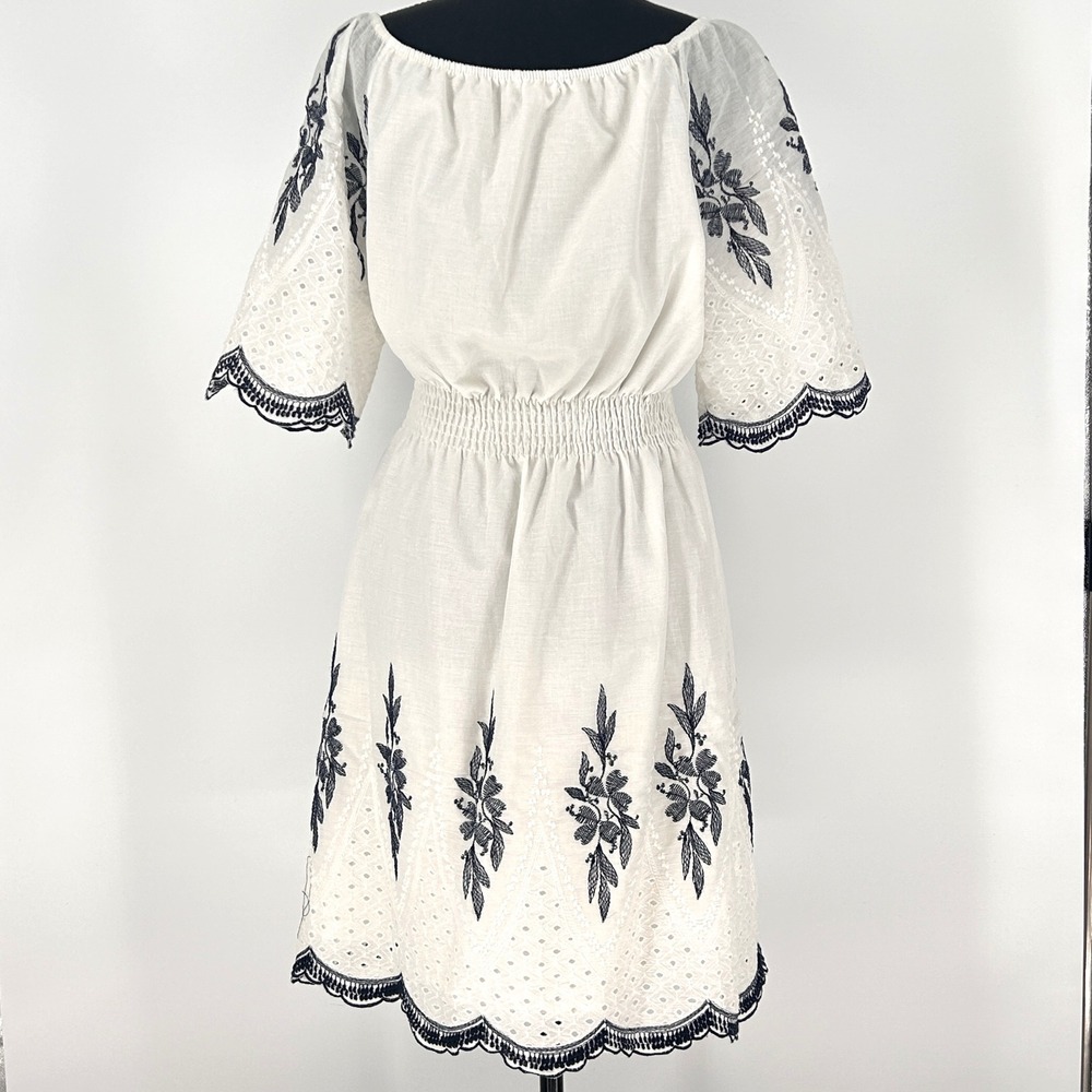 Kindred Embroidered Peasant Derby Dress White Blue Boho Cottage Smocked Medium - Picture 4 of 12